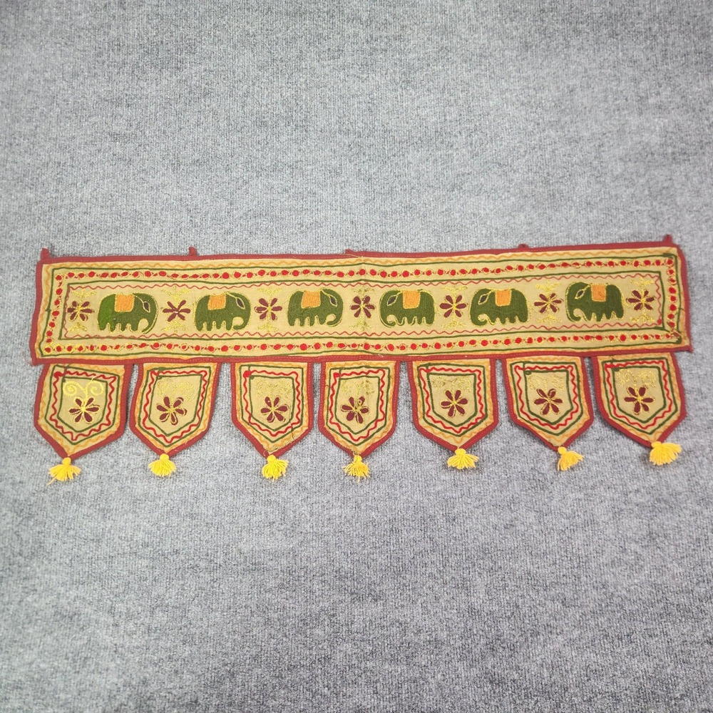 Indian Toran Door Hanging‎ Embroidered Green Elephant Tassel Wall Decor 34x11